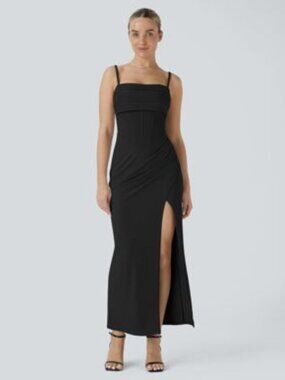 NWT Halara Ruched Decorative Fishbone Hem Maxi Slip Dress, Black, Medium